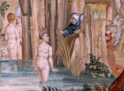 Flamand kárpit. Sorozat Négy gobelin Hieronymus Bosch nyomán. Szent Antal imában (San Antonio en oración). A sorozat második kárpitja. Modell Hieronymus Bosch munkája ihlette. Gyártás Ismeretlen műhely, Brüsszel. 1560 előtt Fabric Go alkotó: Hieronymus (after) Bosch