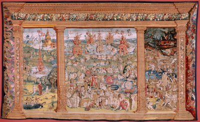 Flamand kárpit. Sorozat Négy gobelin Hieronymus Bosch nyomán. A földi gyönyörök kertje (Jardín de las Delicias). A sorozat negyedik kárpitja. Modell Hieronymus Bosch munkája ihlette. Gyártás Ismeretlen műhely, Brüsszel. 1560 előtt Fa alkotó: Hieronymus (after) Bosch