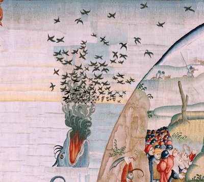 Flamand kárpit. Sorozat Négy gobelin Hieronymus Bosch nyomán. Az emberi élet megpróbáltatásai (Tribulaciones de la vida humana). Harmadik kárpit a sorozatban. Modell Hieronymus Bosch munkája ihlette. Gyártás Ismeretlen műhely, Brüsszel. 1560 előtt alkotó: Hieronymus (after) Bosch