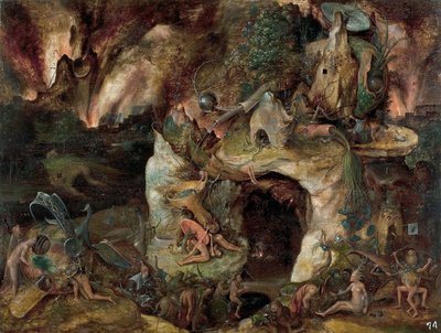 ""Alvilág tája"" (Inferno Landscape) Festmény Jerome Bosch iskolájából 1561 körül. Mérete 49x64 cm Museo del Prado, Madrid alkotó: Hieronymus (school of) Bosch