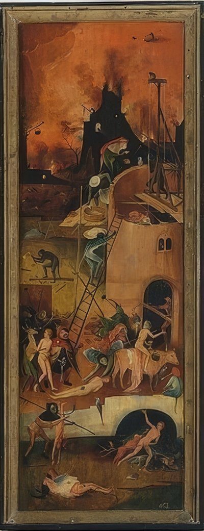 A szénakocsi (triptichon). Bal oldali panel. 1515 körül alkotó: Hieronymus Bosch