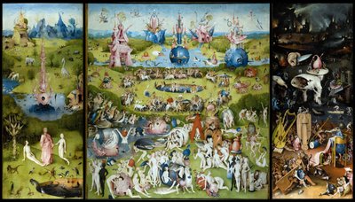 ""A földi gyönyörök kertje"" Bal oldali panel: Ádám és Éva teremtése. Központi panel: a gyümölcsöket ízlelgető szerelmesek. Jobb panel: a pokol. Hieronymus Van Aeken (Aken) triptichonja, Jerome Bosch (1450-1516) alkotó: Hieronymus Bosch