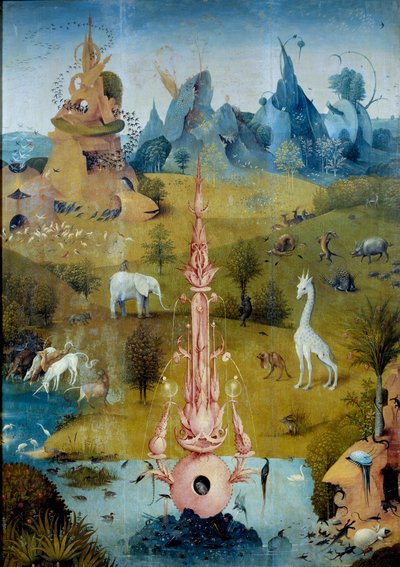 Paradicsom La Fontaine. Hieronymus Van Aken (Aken) Jerome Bosch (1450-1516) „A finomságok kertje” című triptichon bal oldali részlete alkotó: Hieronymus Bosch
