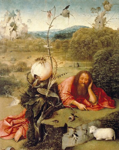 „" Keresztelő Szent János szundikált a természetben" Hieronymus Van Aeken (Aken) festménye szerint Jerome Bosch (1450-1516) 1504-1505 Madrid. Lazaro Galdiano Alapítvány alkotó: Hieronymus Bosch