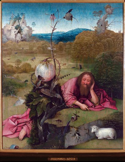Keresztelő Szent János a sivatagban - Jheronimus van Aken festménye, Jerome (Hieronymus) Bosch (kb. 1450-1516), olaj, fa, 48,5x40 cm, 1489 körül - Madrid, Museo Lazaro Galdiano alkotó: Hieronymus Bosch