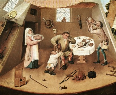 Hét halálos bűn: kapzsiság. Részlet (olaj a panelen alkotó: Hieronymus Bosch