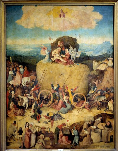 Az Allegorie szénakocsi férfiak és nők számára, akik a legtöbbet szeretnék kihozni a jelenből. A hágó allegorikus tripsze központi táblája, Jerome Bosch (1450-1516) néven ismert Hieronymus Van Aeken (Aken) jelene, 1490 körül. Madrid, Prado Múzeum alkotó: Hieronymus Bosch