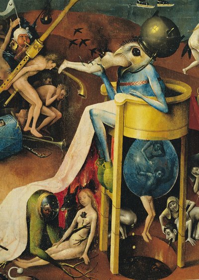 A földi gyönyörök kertje: Pokol, triptichon jobb szárnya, kék madárember részlete egy zsámolyon, 1500 körül (3425 részlet) alkotó: Hieronymus Bosch