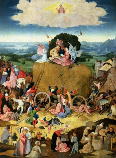 A Haywain: a triptichon központi táblája, 1500 körül alkotó: Hieronymus Bosch