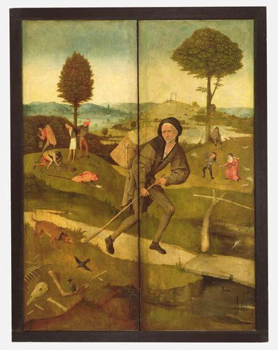 A Haywain, zárt panelekkel, amint Everyman az élet útján jár alkotó: Hieronymus Bosch