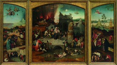 Szent Antal megkísértése. Nagy felbontású reprodukció a Google Art Projectből. A bal felső sarkot újra kellett mintázni alkotó: Hieronymus Bosch