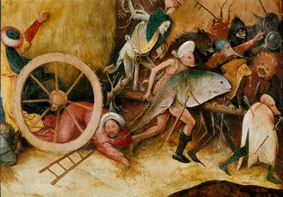 Szénatartály vagy széna-triptichon (szénakocsi): Központi panelrészlet. Szörnyfigurák, antropomorf karakterek és egy férfi kerék alá zuhan. Hieronymus Van Aeken (Aken) festménye, Jerome Bosch (1450-1516) alkotó: Hieronymus Bosch