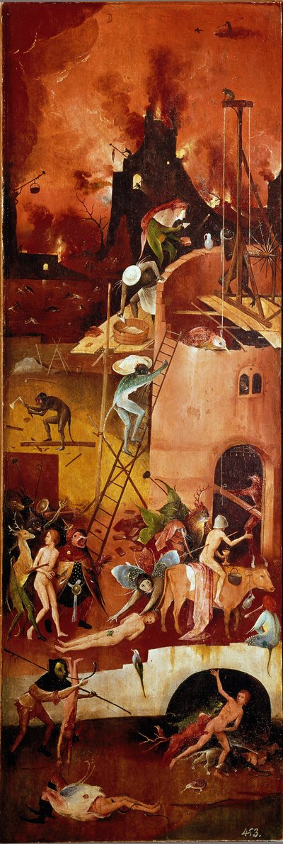 A szénatriptikus: pokoli építmények. Jobb belső panel. Hieronymus Van Aeken (Aken) festménye fára, Jerome Bosch (1450-1516) 1500-1502 Dim. 140x232 cm Real Monasterio de El Escorial, El Escorial, Spanyolország alkotó: Hieronymus Bosch
