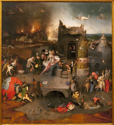 Kísértések triptichonja - központi rész: Nagy Szent Antal megkísértése (vagy Remete Szent Antal vagy Szent Antal apátság. Hieronymus Van Aeken (Aken) festménye Jerome Bosch (1450-1516), olaj, fa, 1500 körül ( A kísértés triptichonja alkotó: Hieronymus Bosch