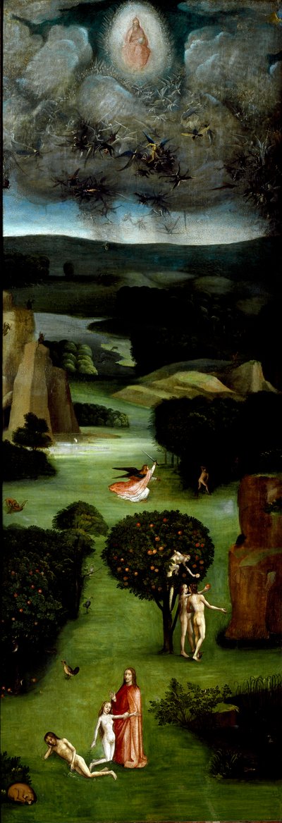 Az utolsó ítélet triptikusa (Das Weltgerichts-Triptychon): a bal oldali panel Ádámot és Évát ábrázolja a Paradicsomban. Alulról felfelé: Éva teremtése (születése), Ádám és Éva megkísértése (eredendő bűn) és kiűzetésük az Édenkertből. Felső: alkotó: Hieronymus Bosch