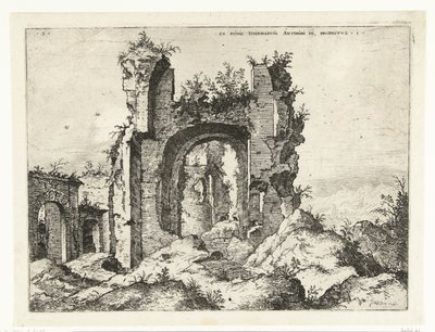 Caracalla fürdőjének első megtekintése Ex Rvinis Thermarvm Antonii Pii (...) (cím a tárgyon) Római romok (sorozat címe) alkotó: Hieronymus Cock