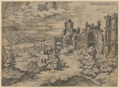 A Palatinus romjai és a környék panorámája, a „Praecipua aliquot Romanae Antiquitatis Ruinarum Monimenta [...]” sorozat 3. lapja alkotó: Hieronymus Cock