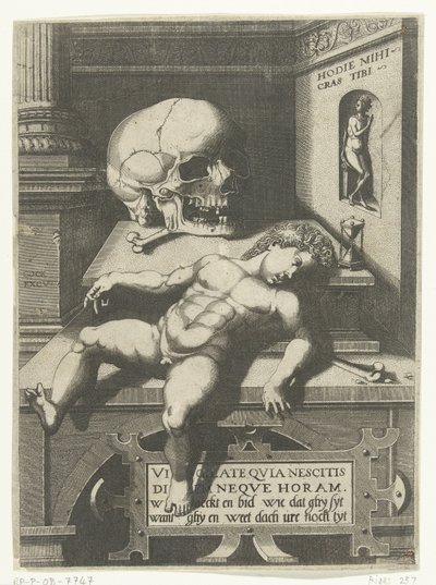 Vanitas előadás gyerekkel és koponyával (Hodi mihi kras tibi / Ma én, holnap te) alkotó: Hieronymus Cock