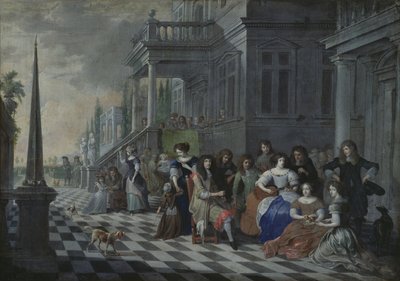 Egy palota előtt zenélő szereplők, 1672 alkotó: Hieronymus Janssens