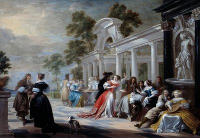 A játék Forró kéz A flamand nemesség fiataljai egy parkban játszanak. Hieronymus Janssens dit le Dancer (1624-1693) festménye 17. század V. 0,58x0,83 m alkotó: Hieronymus Janssens