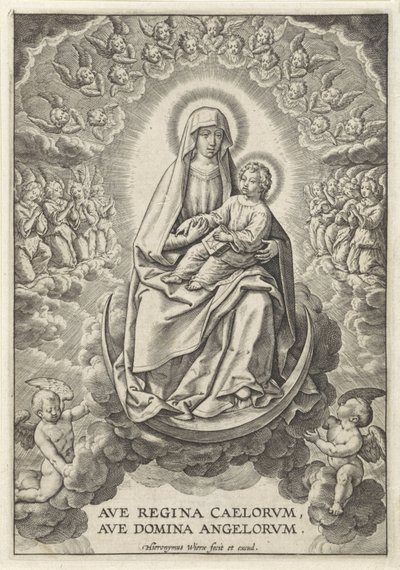Mária a Krisztus-gyermekkel a Holdsarlón Ave Regina Caelorum, Ave Domina Angelorvm (cím a tárgyon) alkotó: Hieronymus Wierix