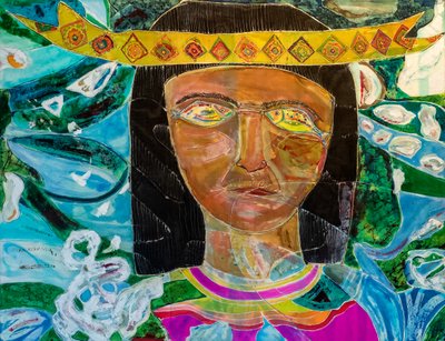 Amazonas-Sámán Olivia Arevalo, 2022 (festés és festék selyemre) alkotó: Hilary Simon