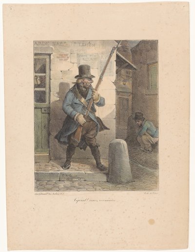 Katonai tizedest hív, aki az utcán intézi a dolgát caporal! Venez reconnaître (cím a tárgyon) Litográfiai vázlatok (sorozat címe) Croquis lithographiques (sorozat címe) alkotó: Hippolyte Bellange