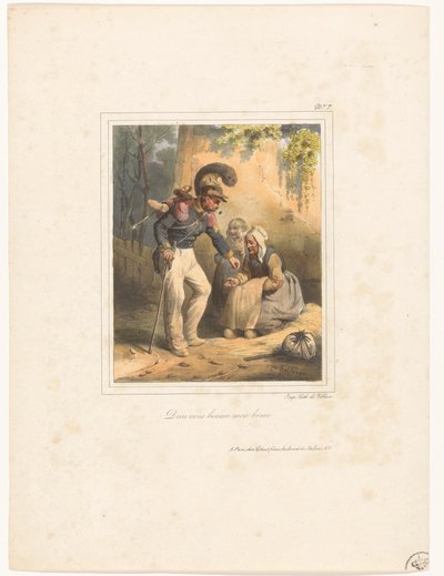 Katona ad egy kis pénzt egy szegény asszonynak Dieu vous benira mon brave (cím a tárgyon) 9. sz. litográfiai album (sorozat címe) alkotó: Hippolyte Bellange