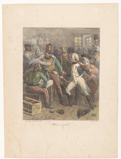 Két katona keresztezi a kardot egy kocsmában Allons en guard! (cím a tárgyon) Litográfiai vázlatok (sorozat címe) Croquis lithographiques (sorozat címe) alkotó: Hippolyte Bellange