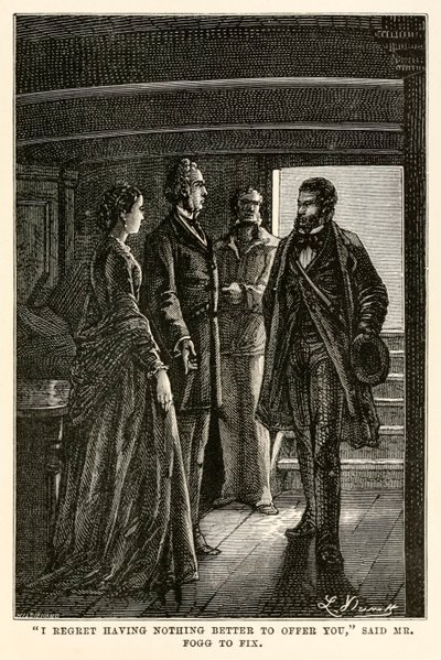 „Sajnálom, hogy nincs jobb ajánlatom” – mondta Fogg úr a Fix-nek, Jules Verne (1828-1905) című művéből, amelyet Henri-Théophile Hildebrand (1824-97) vésett a világ körül nyolcvan nap alatt. alkotó: Hippolyte Leon (after) Benett