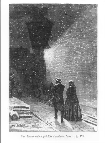 Óriási árnyék, éles fény előtt, illusztráció Jules Verne (1828-1905) „Nyolcvan nap alatt a világ körül” című művéből, Pan metszett, 1873 alkotó: Hippolyte Leon Benett