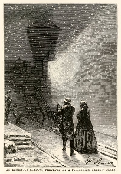 Hatalmas árnyék, előtte villogó sárga csillogás, Jules Verne (1828-1905) nyolcvan nap alatt a világ körül című művéből, amelyet Adolphe François Pannemaker (1822-1900) vésett, 1873 alkotó: Hippolyte Leon after Benett