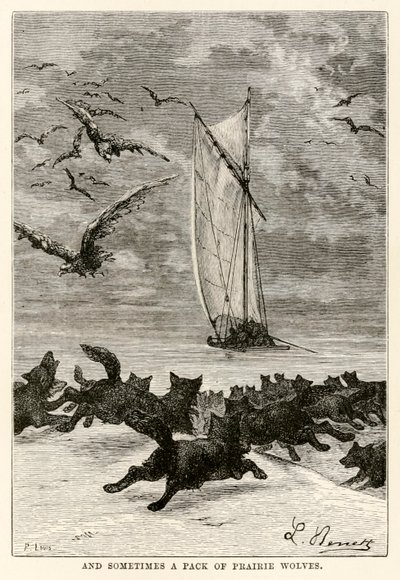 És néha egy falka prérifarkas, Jules Verne (1828-1905) nyolcvan nap alatt a világ körül című művéből, amelyet Louis metszett, 1873 alkotó: Hippolyte Leon after Benett