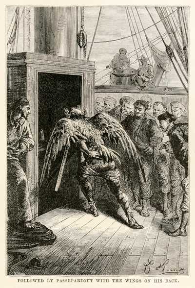 Ezt követi a Passepartout szárnyakkal a hátán, Jules Verne (1828-1905) nyolcvan nap alatt a világ körül című alkotásából, Adolphe François Pannemaker (1822-1900) metszete, 1873 alkotó: Hippolyte Leon after Benett