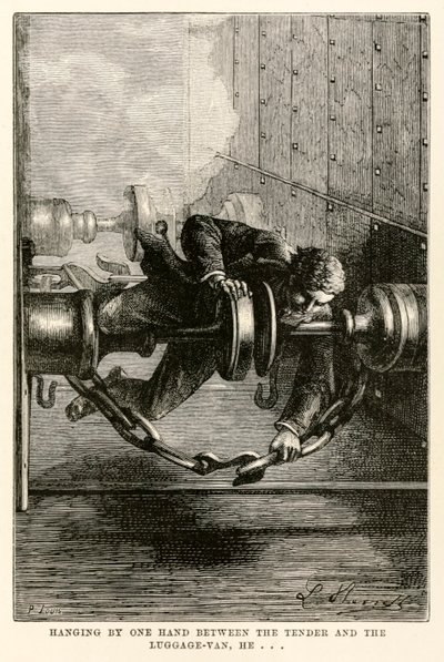 Egy kézzel lógott a csomag és a csomagszállító között, ő... Nyolcvan nap alatt a világ körül című művéből Jules Verne (1828-1905) Louis által metszett, 1873 alkotó: Hippolyte Leon after Benett