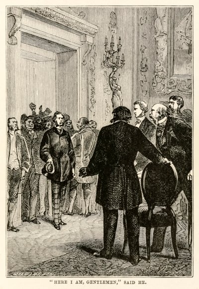 Itt vagyok, uraim, mondta Jules Verne (1828-1905) Nyolcvan nap alatt a világ körül című művéből, amelyet Henri-Théophile Hildebrand (1824-97) metszett, 1873 alkotó: Hippolyte Leon after Benett