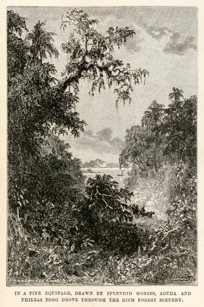 Aouda és Phileas Fogg remek felszerelésben, pompás lovakkal rajzolt, a gazdag erdei tájon autózott át Jules Verne (1828-1905) Henri-Théophile által metszett nyolcvan nap alatt a világ körül című művéből. alkotó: Hippolyte Leon after Benett