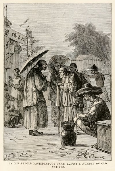 Séta során Passepartout számos régi bennszülöttre bukkant, Jules Verne (1828-1905) nyolcvan nap alatt a világ körül című művéből, amelyet Adolphe François Pannemaker (1822-1900) metszett, 1873 alkotó: Hippolyte Leon after Benett