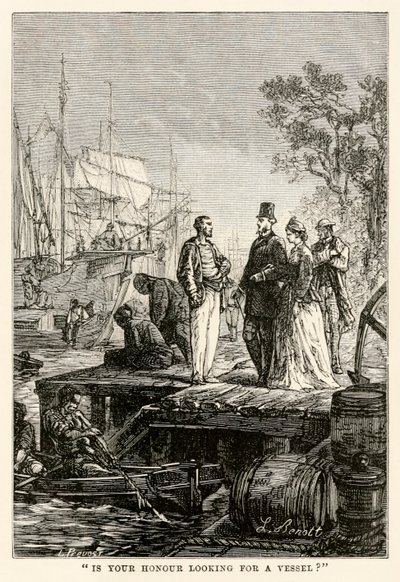 A tiszteleted hajót keres?, Jules Verne (1828-1905) nyolcvan nap alatt a világ körül című művéből, Louis Prevost metszetében, 1873 alkotó: Hippolyte Leon after Benett
