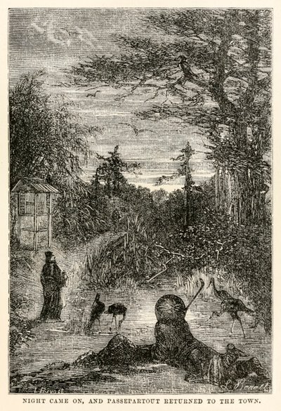 Eljött az éjszaka, és Passepartout visszatért a városba Jules Verne (1828-1905) nyolcvan nap alatt a világ körül című művéből, amelyet Louis Prevost metszett, 1873. alkotó: Hippolyte Leon after Benett