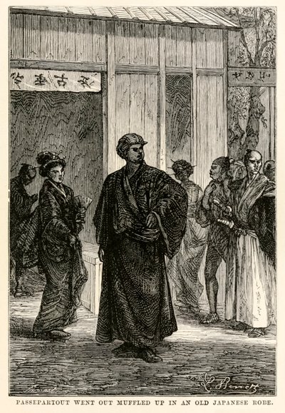 A Passepartout egy régi japán köntösben tompítva ment ki, Jules Verne (1828-1905) nyolcvan nap alatt a világ körül című művéből, Louis Prevost metszetében, 1873 alkotó: Hippolyte Leon after Benett