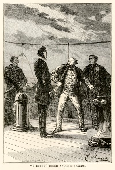 Kalóz! – kiáltott fel Andrew Speedy., Jules Verne (1828-1905) Nyolcvan nap alatt a világ körül című művéből, Louis Dumont (sz. 1822) metszete 1873. alkotó: Hippolyte Leon after Benett