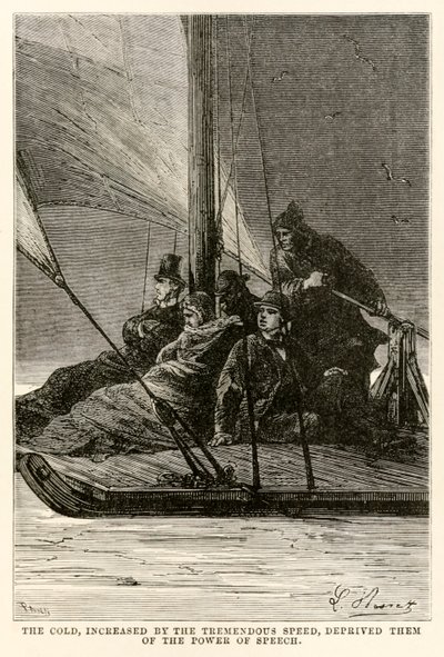 Az óriási sebességgel megnövekedett hideg megfosztotta őket a beszéd erejétől, Jules Verne (1828-1905) A világ körül nyolcvan nap alatt című művéből, amelyet Adolphe François Pannemaker (1822-1900) vésett, alkotó: Hippolyte Leon after Benett