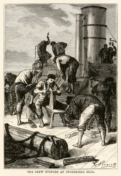 A legénység hihetetlen lelkesedésről tett tanúbizonyságot Jules Verne (1828-1905) nyolcvan nap alatt a világ körül című művéből, amelyet Louis Dumont (sz. 1822) metszett, 1873 alkotó: Hippolyte Leon after Benett