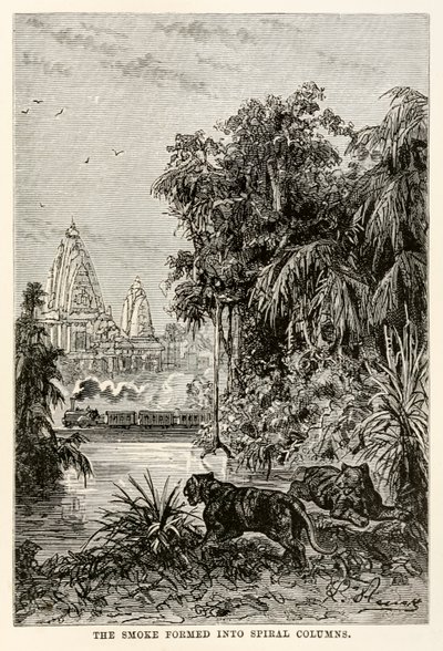 A füst spirális oszlopokká formálódott, Jules Verne (1828-1905) nyolcvan nap alatt a világ körül című művéből, 1873 alkotó: Hippolyte Leon after Benett
