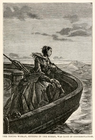 A tatban ülő fiatal nő elmerült a szemlélődésben, Jules Verne (1828-1905) Nyolcvan nap alatt a világ körül című művéből, Jean Louis Prevost metszetéből (1790-1850), 1873 alkotó: Hippolyte Leon after Benett
