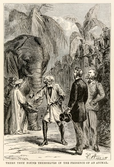 Ott egy állat jelenlétében találták magukat, Jules Verne (1828-1905) Nyolcvan nap alatt a világ körül című művéből, amelyet Adolphe François Pannemaker (1822-1900) metszett, 1873 alkotó: Hippolyte Leon after Benett