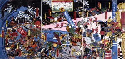 Egy csatajelenet paródiája, a zöldségek és a halak csatáját ábrázolja alkotó: Hirokage Utagawa