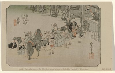 Fujieda 23. sz. Fujiyeda: Tokaido ötvenhárom megjelölt helye közül Hiroshige festette (cím a tárgyon) De Tôkaidô van Hiroshige (sorozat címe) Hiroshige no fude Tôkaidô (sorozat címe az objektumon) alkotó: Hiroshige (I) , Utagawa