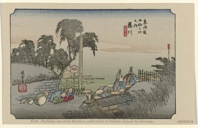 Fujikawa No. 38. Fujikawa: one of the fifty-three noted places on Tokaido, painted by Hiroshige (title on object) De Tôkaidô van Hiroshige (series title) Hiroshige no fude Tôkaidô (series title on object) alkotó: Hiroshige (I) , Utagawa